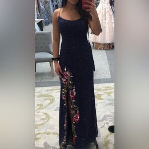 Primavera Couture Navy Beaded Prom Gown with Pink Floral Embroidery